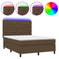 vidaXL Cama box spring colchón luces LED tela marrón oscuro 140x190 cm