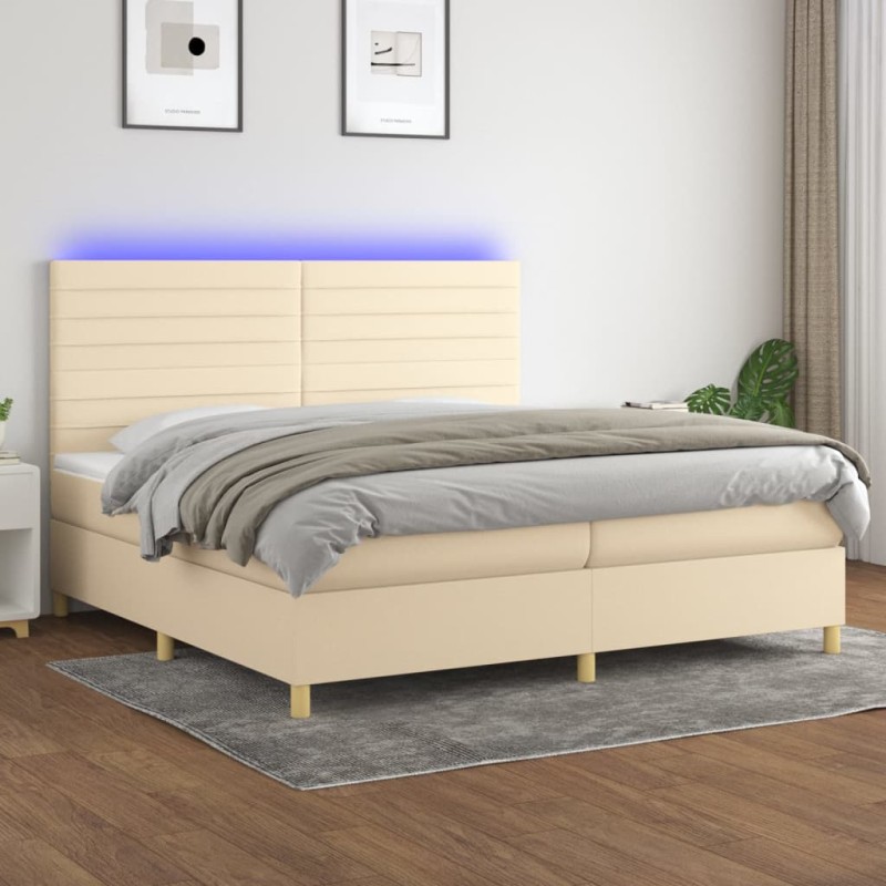 vidaXL Cama box spring colchón y luces LED tela crema 200x200 cm vidaXL Cama box spring colchón y luces LED tela crema 200x200 cm