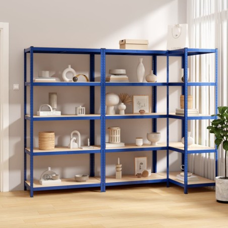 vidaXL Estantería 5 niveles 3 uds acero y madera contrachapada azul