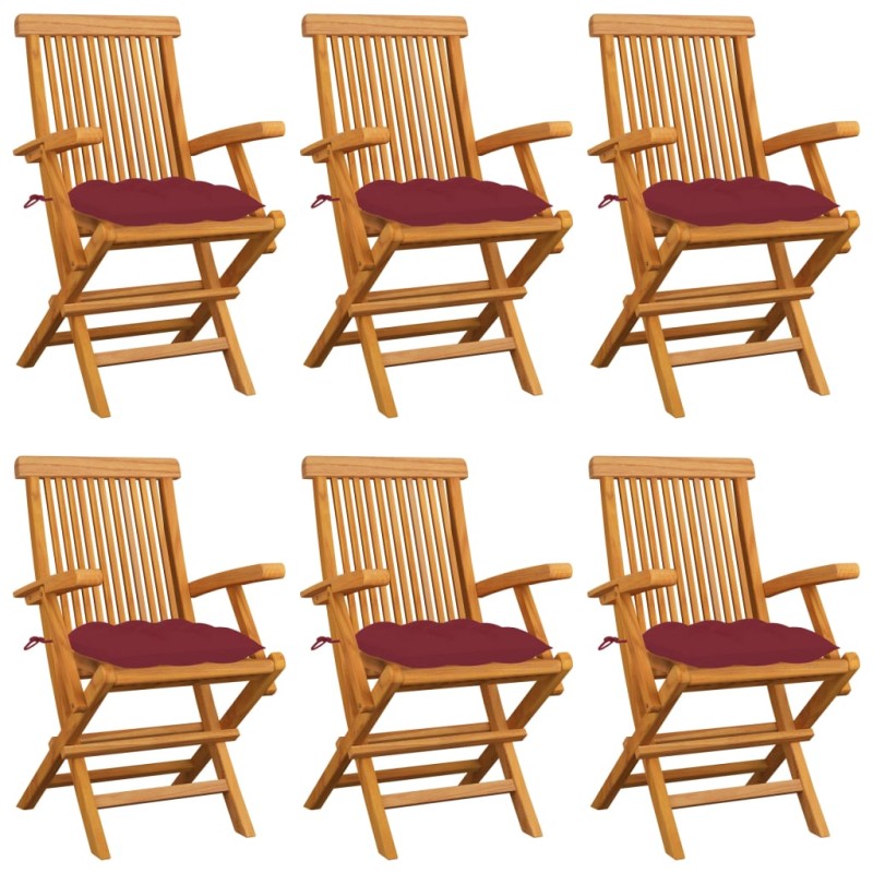 vidaXL Sillas de jardín 6 uds madera teca con cojines rojo tinto vidaXL Sillas de jardín 6 uds madera teca con cojines rojo tinto