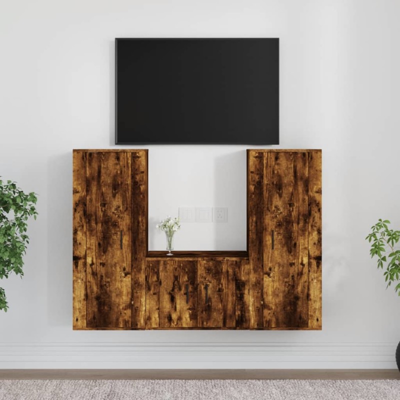 vidaXL Set de muebles de TV 3 pzas madera contrachapada roble ahumado vidaXL Set de muebles de TV 3 pzas madera contrachapada roble ahumado