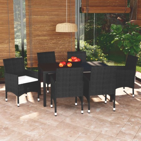 vidaXL Set de comedor de jardín 7 pzas y cojines ratán sintético negro