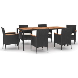 vidaXL Set de comedor de jardín 7 pzas y cojines ratán sintético negro