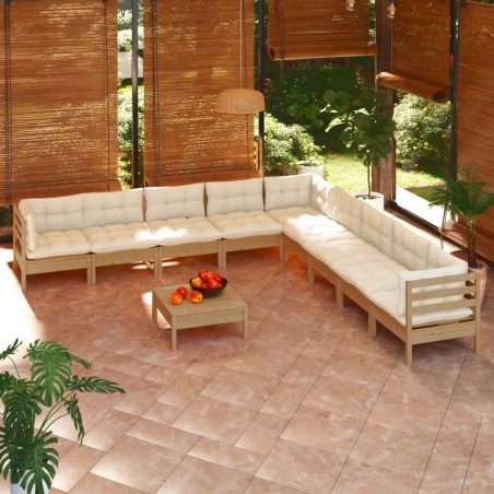vidaXL Muebles de jardín 10 pzas y cojines madera de pino marrón miel