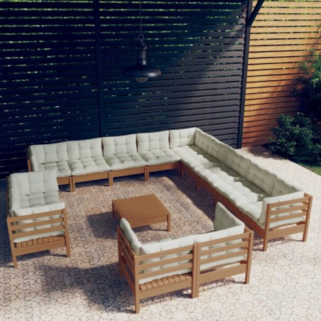 vidaXL Muebles de jardín 14 pzas y cojines madera de pino marrón miel