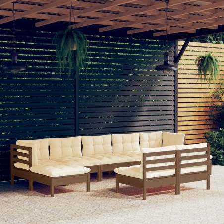 vidaXL Muebles de jardín 9 pzas y cojines madera de pino marrón miel