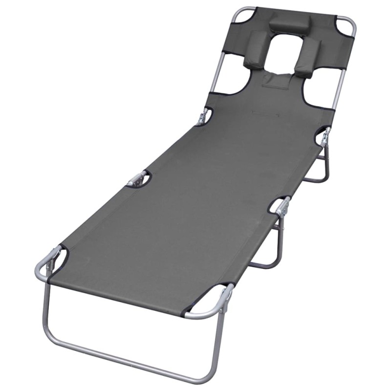 vidaXL Tumbona plegable con cojín de cabeza y respaldo ajustable gris vidaXL Tumbona plegable con cojín de cabeza y respaldo ajustable gris