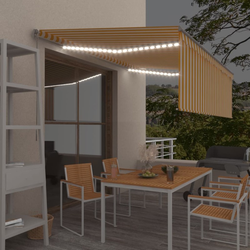 vidaXL Toldo manual retráctil con persiana y LED amarillo blanco 4x3 m vidaXL Toldo manual retráctil con persiana y LED amarillo blanco 4x3 m