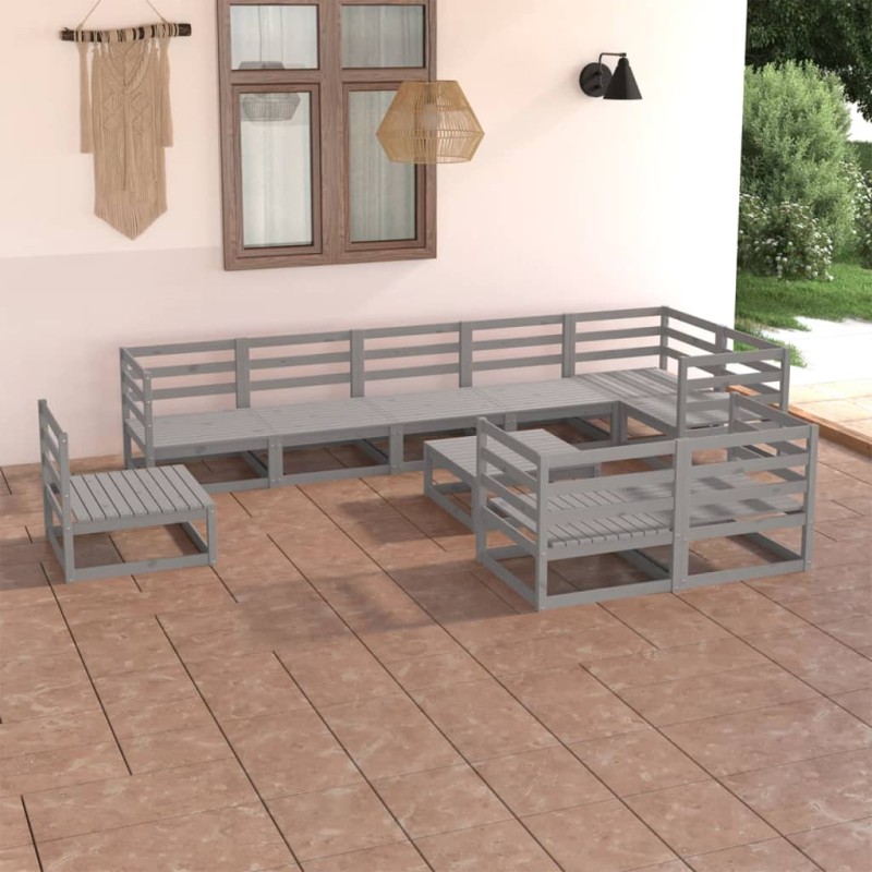 vidaXL Muebles de jardín 10 piezas gris madera de pino maciza