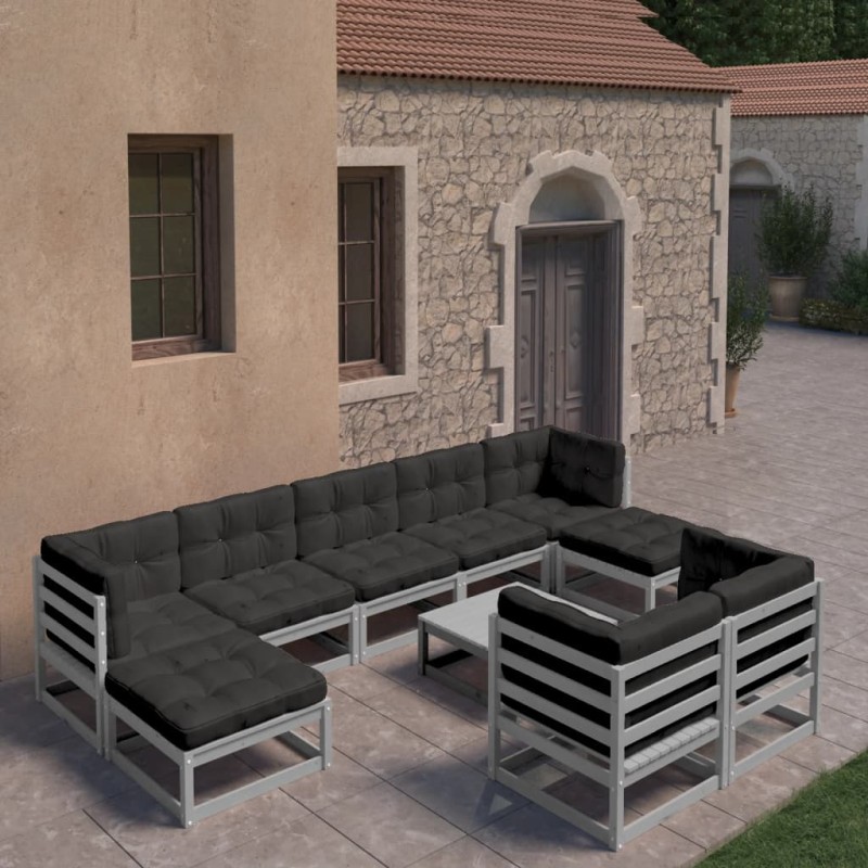 vidaXL Set de muebles de jardín 10 pzas con cojines madera pino gris vidaXL Set de muebles de jardín 10 pzas con cojines madera pino gris