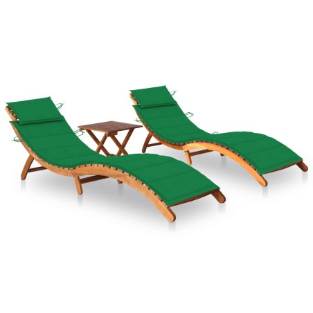 vidaXL Tumbonas con mesa y cojines 2 uds madera maciza de acacia 