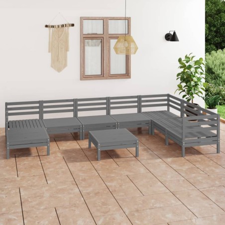 vidaXL Juego de muebles de jardín 9 piezas madera maciza de pino gris