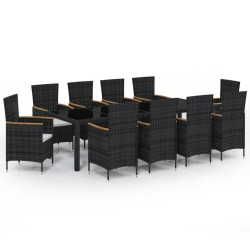 vidaXL Set comedor de jardín 11 piezas y cojines ratán sintético negro