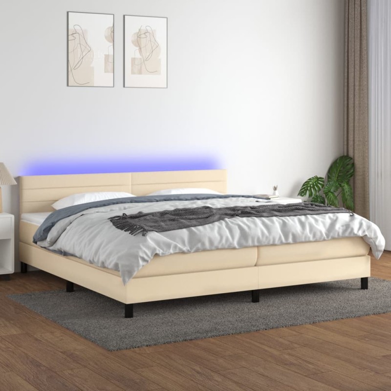 vidaXL Cama box spring colchón y luces LED tela crema 200x200 cm vidaXL Cama box spring colchón y luces LED tela crema 200x200 cm