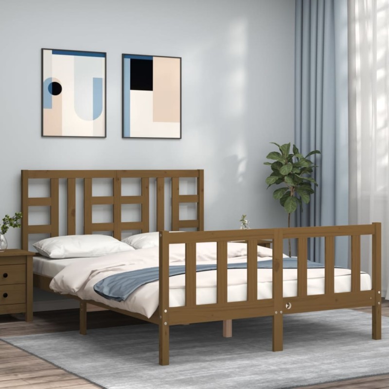 vidaXL Estructura de cama matrimonio con cabecero madera marrón miel vidaXL Estructura de cama matrimonio con cabecero madera marrón miel