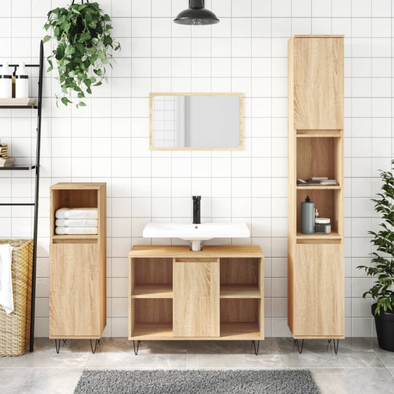 vidaXL Set de muebles de baño 3 pzas madera contrachapada roble Sonoma vidaXL Set de muebles de baño 3 pzas madera contrachapada roble Sonoma