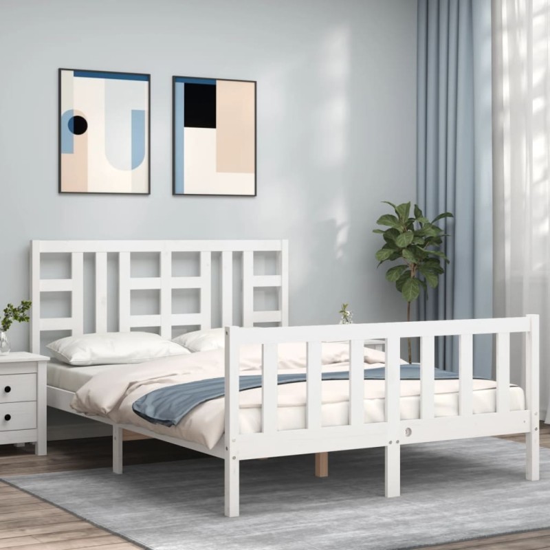 vidaXL Estructura de cama con cabecero madera maciza blanco 140x200 cm vidaXL Estructura de cama con cabecero madera maciza blanco 140x200 cm