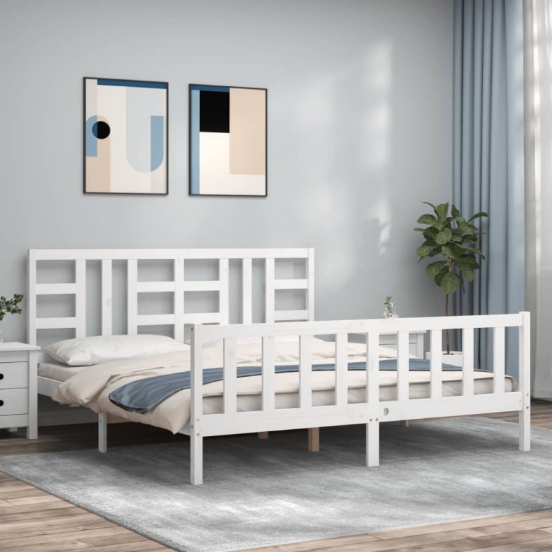 vidaXL Estructura de cama con cabecero madera maciza blanco 180x200 cm vidaXL Estructura de cama con cabecero madera maciza blanco 180x200 cm