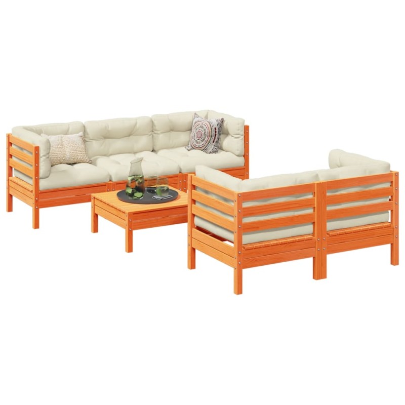 vidaXL Set de sofás jardín 6 pzas con cojines madera pino marrón cera vidaXL Set de sofás jardín 6 pzas con cojines madera pino marrón cera