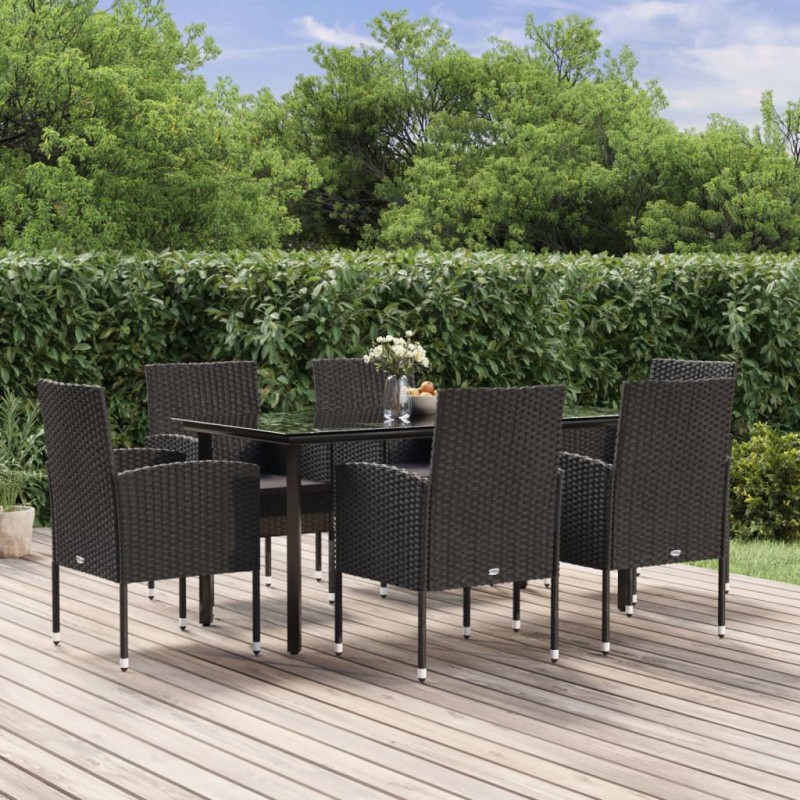 vidaXL Set de comedor de jardín 7 pzas y cojines ratán sintético negro vidaXL Set de comedor de jardín 7 pzas y cojines ratán sintético negro