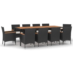 vidaXL Set de comedor jardín 11 pzas con cojines ratán sintético negro
