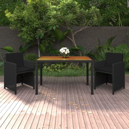 vidaXL Set de comedor de jardín 3 pzas y cojines ratán sintético negro