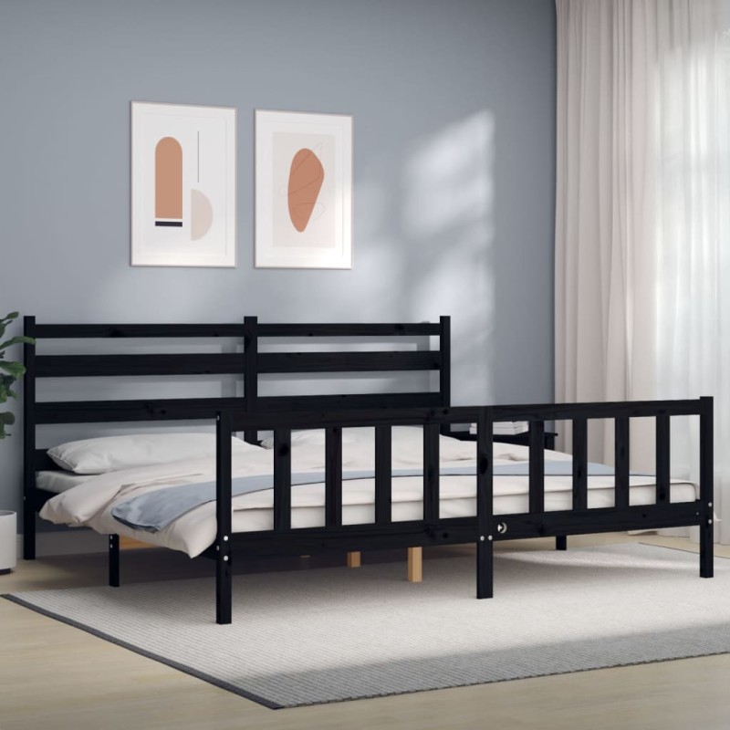 vidaXL Estructura de cama con cabecero madera maciza negro 180x200 cm vidaXL Estructura de cama con cabecero madera maciza negro 180x200 cm