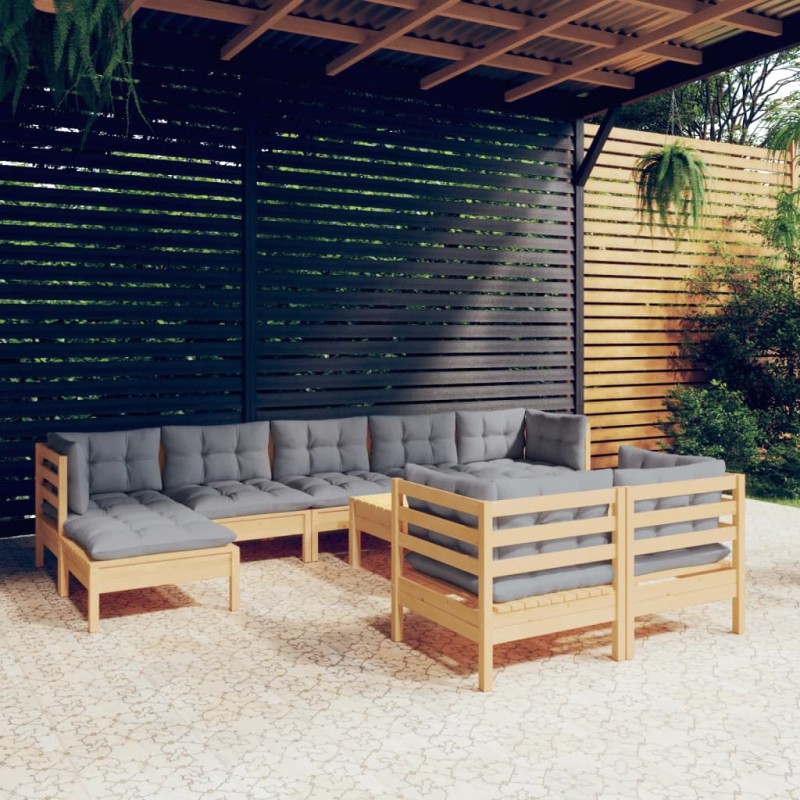 vidaXL Juego de muebles de jardín 10 pzas y cojines madera maciza pino vidaXL Juego de muebles de jardín 10 pzas y cojines madera maciza pino