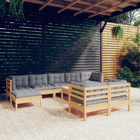 vidaXL Juego de muebles de jardín 10 pzas y cojines madera maciza pino