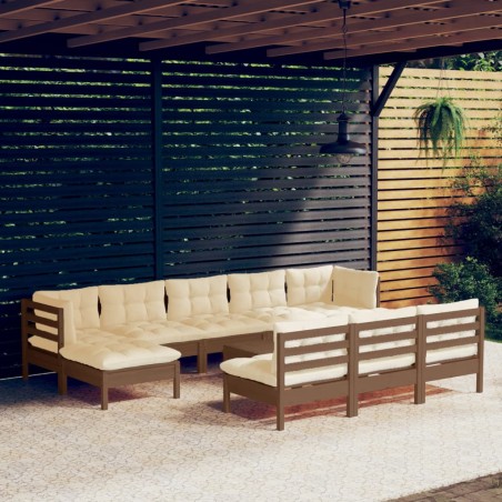 vidaXL Muebles de jardín 11 pzas y cojines madera de pino marrón miel