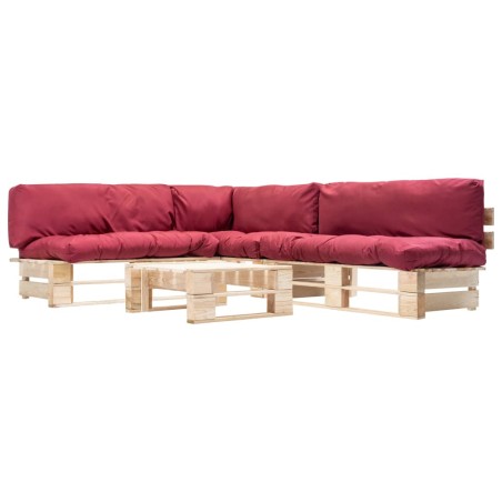 vidaXL Muebles de palets de jardín con cojines rojos 4 piezas madera