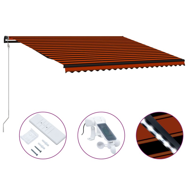 vidaXL Toldo retráctil sensor de viento y LED naranja marrón 500x300cm vidaXL Toldo retráctil sensor de viento y LED naranja marrón 500x300cm