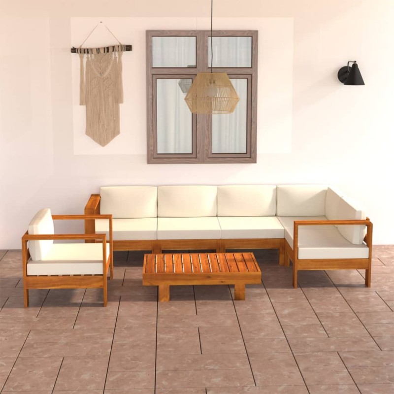vidaXL Muebles de jardín 7 pzas cojines blanco crema madera de acacia vidaXL Muebles de jardín 7 pzas cojines blanco crema madera de acacia