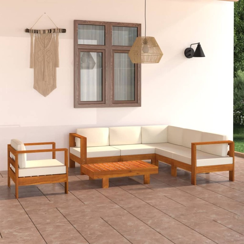 vidaXL Muebles de jardín 7 pzas cojines blanco crema madera de acacia 