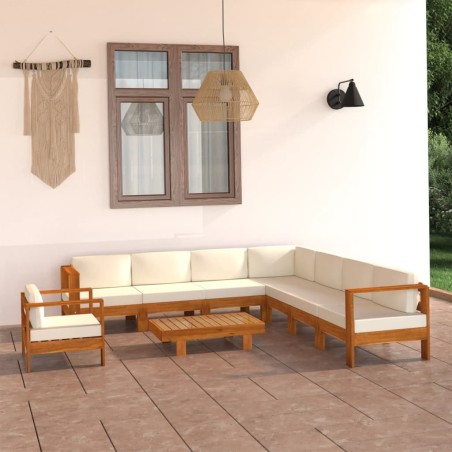 vidaXL Muebles de jardín 9 pzas cojines blanco crema madera de acacia 