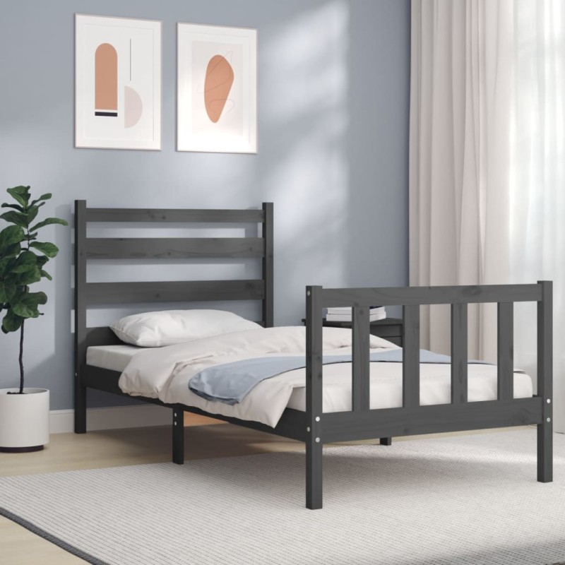 vidaXL Estructura de cama con cabecero madera maciza gris 90x190 cm vidaXL Estructura de cama con cabecero madera maciza gris 90x190 cm