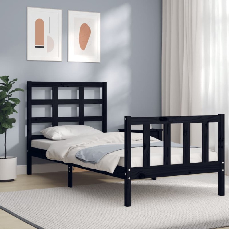 vidaXL Estructura de cama con cabecero madera maciza negro 100x200 cm vidaXL Estructura de cama con cabecero madera maciza negro 100x200 cm