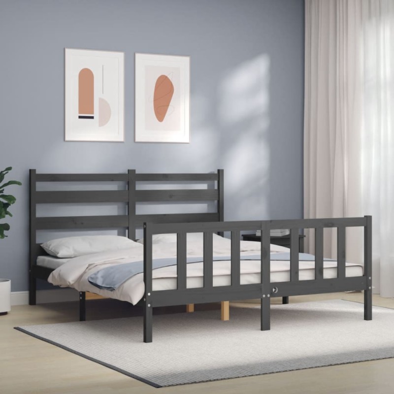 vidaXL Estructura de cama matrimonio con cabecero madera maciza gris vidaXL Estructura de cama matrimonio con cabecero madera maciza gris