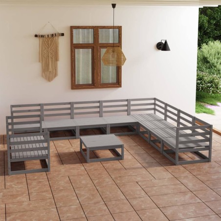 vidaXL Muebles de jardín 11 piezas gris madera de pino maciza