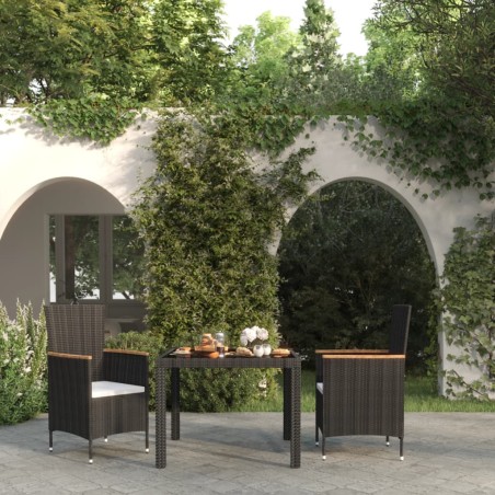 vidaXL Set de comedor de jardín 3 pzas y cojines ratán sintético negro