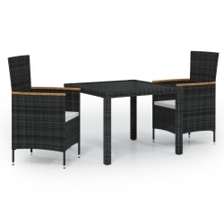 vidaXL Set de comedor de jardín 3 pzas y cojines ratán sintético negro
