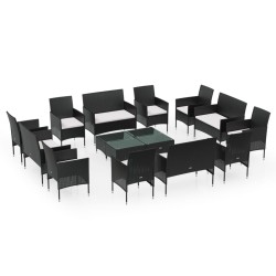 vidaXL Juego muebles de jardín 16 pzas y cojines ratán sintético negro