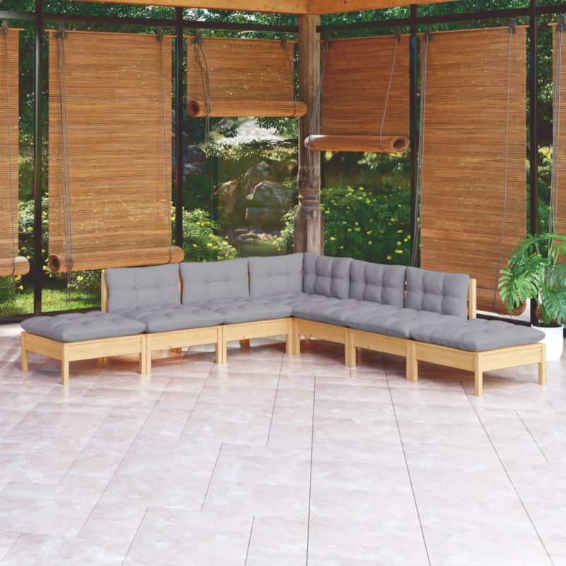 vidaXL Juego de muebles de jardín 7 pzas y cojines madera pino gris vidaXL Juego de muebles de jardín 7 pzas y cojines madera pino gris