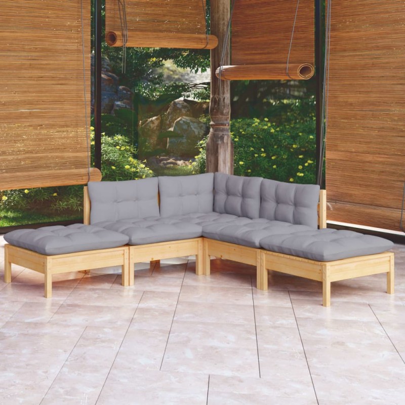 vidaXL Juego de muebles de jardín 5 pzas y cojines madera pino gris vidaXL Juego de muebles de jardín 5 pzas y cojines madera pino gris