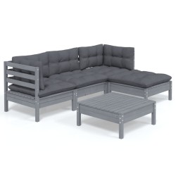 vidaXL Juego de muebles de jardín 5 pzas y cojines madera pino gris