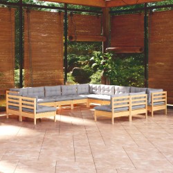 vidaXL Muebles de jardín 13 pzas y cojines madera maciza de pino gris