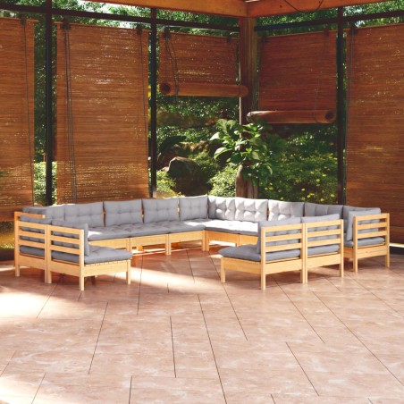 vidaXL Muebles de jardín 13 pzas y cojines madera maciza de pino gris