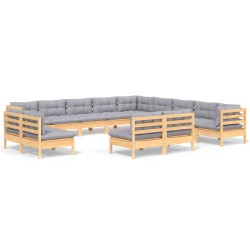 vidaXL Muebles de jardín 13 pzas y cojines madera maciza de pino gris