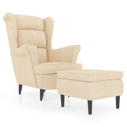vidaXL Sillón orejero y taburete de terciopelo crema