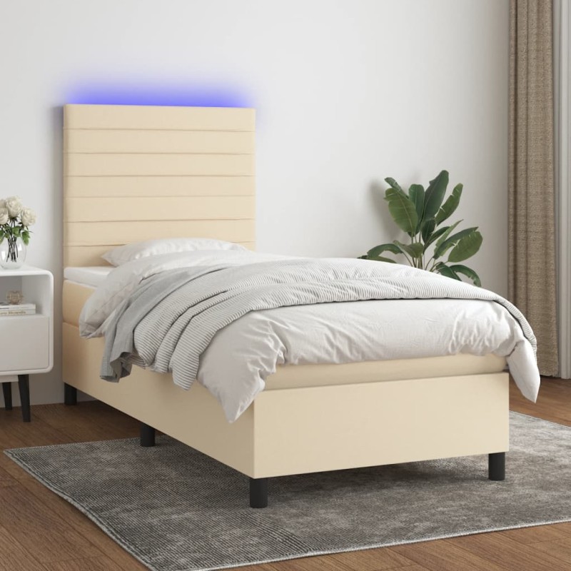 vidaXL Cama box spring colchón y luces LED tela crema 100x200 cm vidaXL Cama box spring colchón y luces LED tela crema 100x200 cm